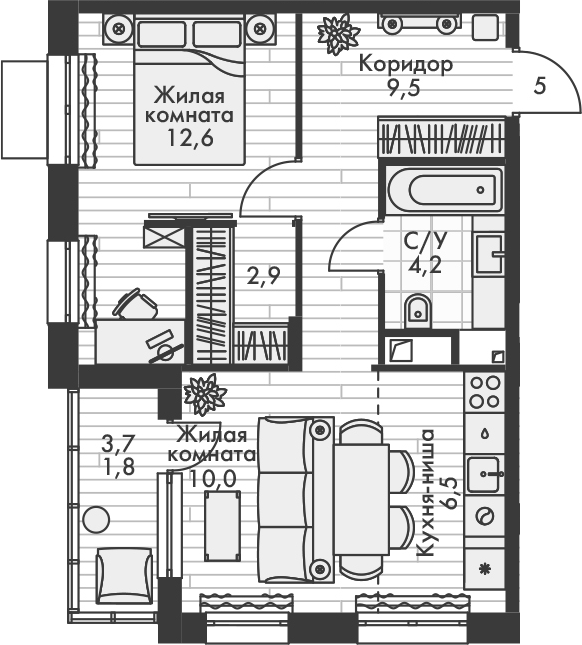 Планировка — Форест, 2-комн., 46 м²