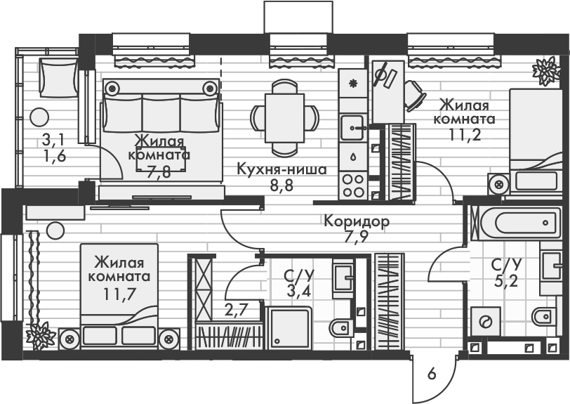 Планировка — Форест, 3-комн., 59 м²