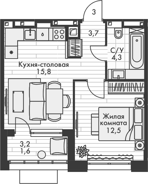 Планировка — Форест, 2-комн., 36 м²