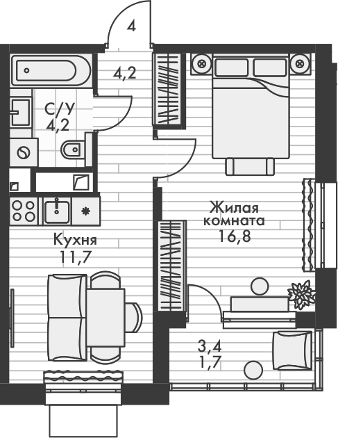 Планировка — Форест, 1-комн., 37 м²
