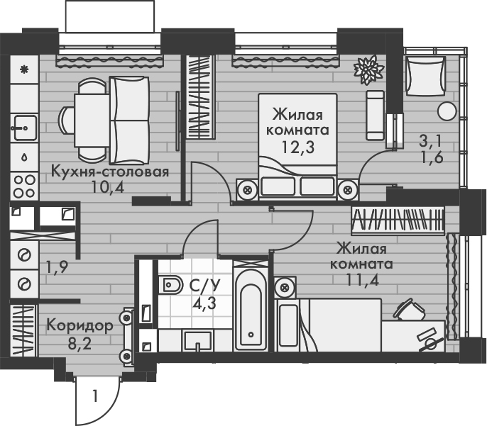 Планировка — Форест, 2-комн., 49 м²
