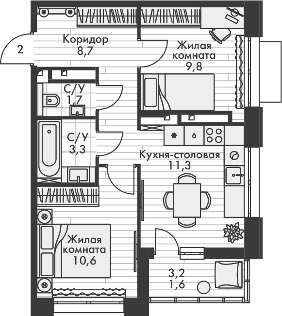 Планировка — Форест, 2-комн., 45 м²