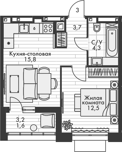 Планировка — Форест, 2-комн., 36 м²