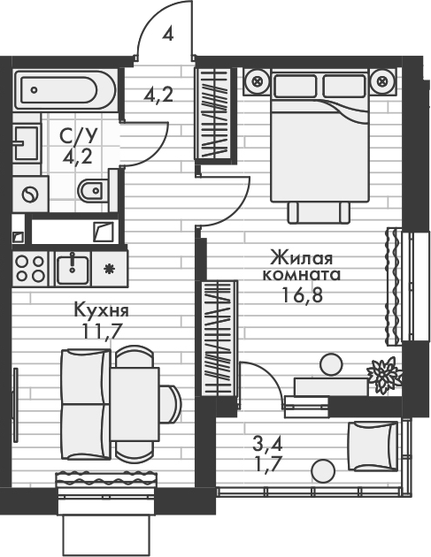 Планировка — Форест, 1-комн., 37 м²