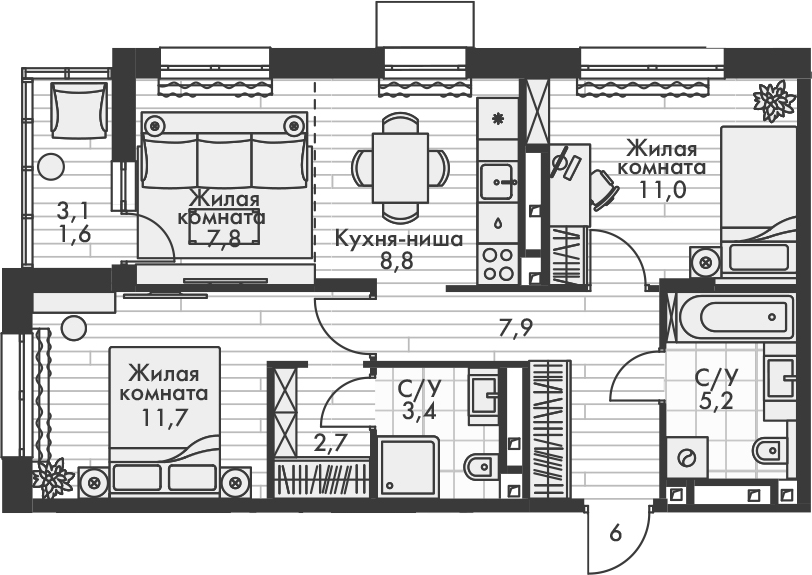 Планировка — Форест, 3-комн., 59 м²