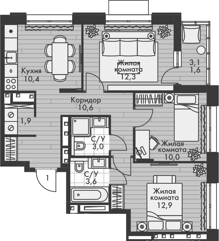Планировка — Форест, 3-комн., 65 м²