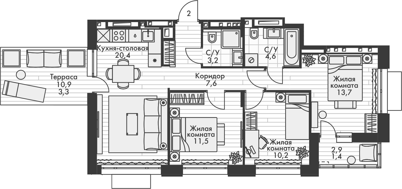 Планировка — Форест, 4-комн., 71 м²