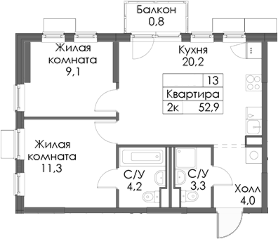 Планировка — Матюшино парк, 2-комн., 52 м²