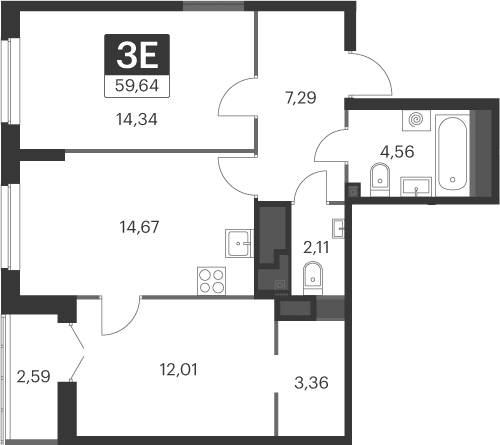 Планировка — Спутник-1, 2-комн., 58 м²
