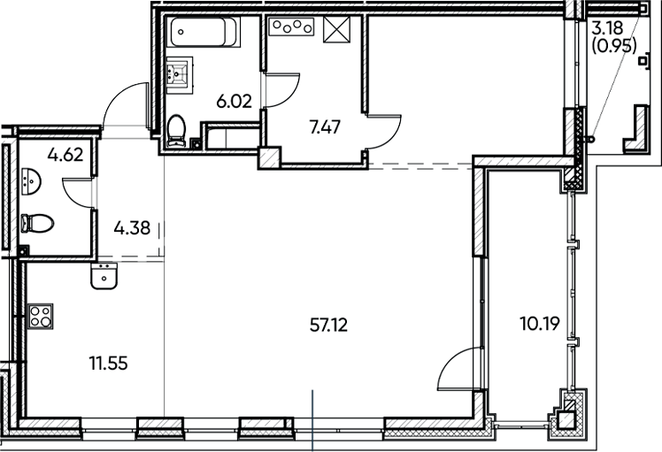 Планировка — Заман, 1-комн., 91 м²