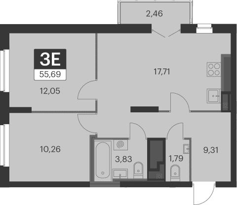 Планировка — Спутник-1, 3-комн., 55 м²