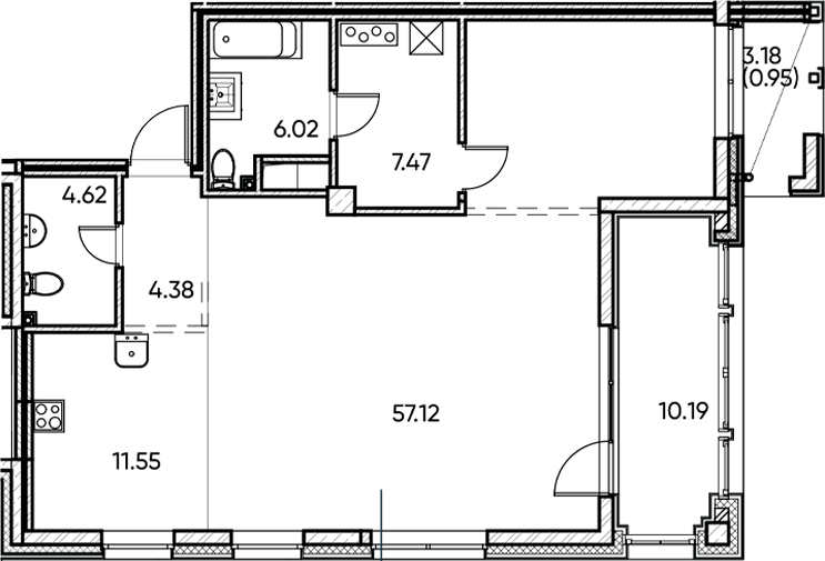 Планировка — Заман, 1-комн., 91 м²