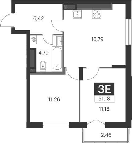 Планировка — Спутник-1, 3-комн., 50 м²