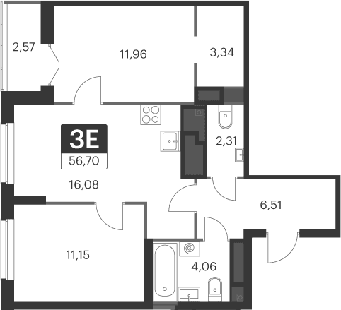 Планировка — Спутник-1, 3-комн., 55 м²