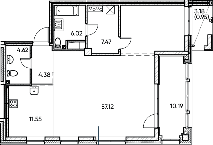Планировка — Заман, 1-комн., 91 м²
