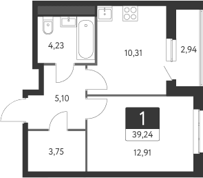 Планировка — Спутник-1, 1-комн., 36 м²