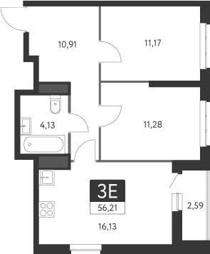 Планировка — Спутник-1, 3-комн., 54 м²