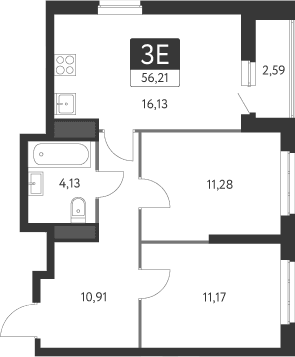 Планировка — Спутник-1, 3-комн., 54 м²