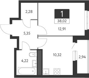 Планировка — Спутник-1, 1-комн., 35 м²