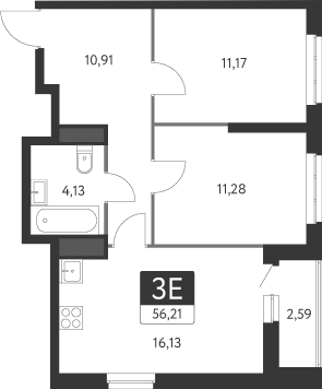 Планировка — Спутник-1, 3-комн., 54 м²