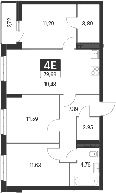 Планировка — Спутник-1, 4-комн., 72 м²