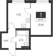 Планировка — Спутник-1, 1-комн., 32 м²