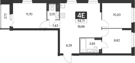 Планировка — Спутник-1, 4-комн., 63 м²
