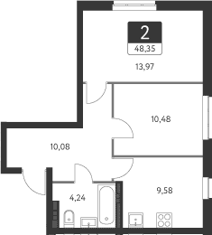 Планировка — Спутник-1, 2-комн., 48 м²
