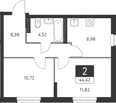 Планировка — Спутник-1, 2-комн., 44 м²
