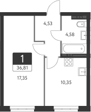 Планировка — Спутник-1, 1-комн., 37 м²