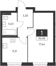 Планировка — Спутник-1, 1-комн., 37 м²