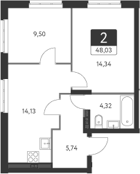 Планировка — Спутник-1, 2-комн., 48 м²