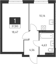 Планировка — Спутник-1, 1-комн., 38 м²
