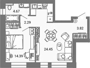 Планировка — Лес, 2-комн., 50 м²