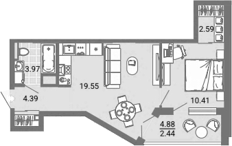 Планировка — Лес, 2-комн., 41 м²