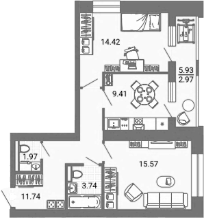 Планировка — Лес, 2-комн., 57 м²