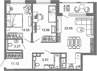 Планировка — Лес, 3-комн., 70 м²