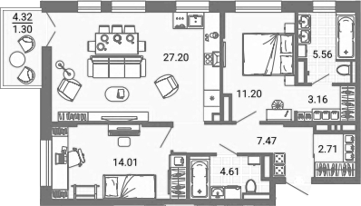 Планировка — Лес, 3-комн., 76 м²