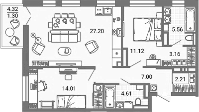 Планировка — Лес, 3-комн., 75 м²