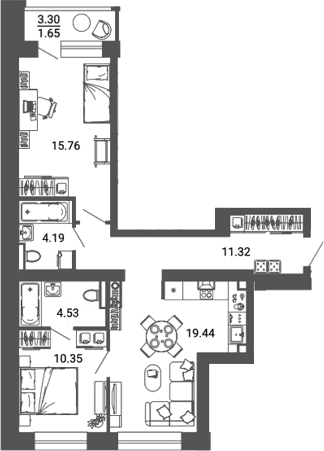 Планировка — Лес, 3-комн., 66 м²