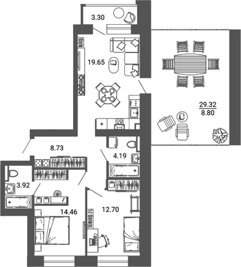 Планировка — Лес, 3-комн., 64 м²