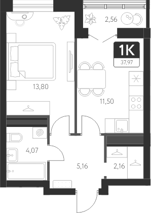 Планировка — Спутник-1, 1-комн., 37 м²