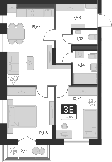 Планировка — Спутник-1, 3-комн., 56 м²