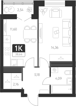 Планировка — Спутник-1, 1-комн., 37 м²