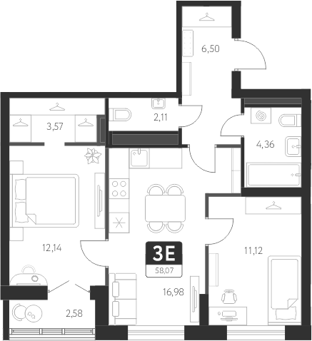 Планировка — Спутник-1, 3-комн., 57 м²