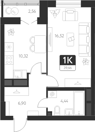 Планировка — Спутник-1, 1-комн., 38 м²