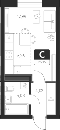 Планировка — Спутник-1, Студия, 26 м²