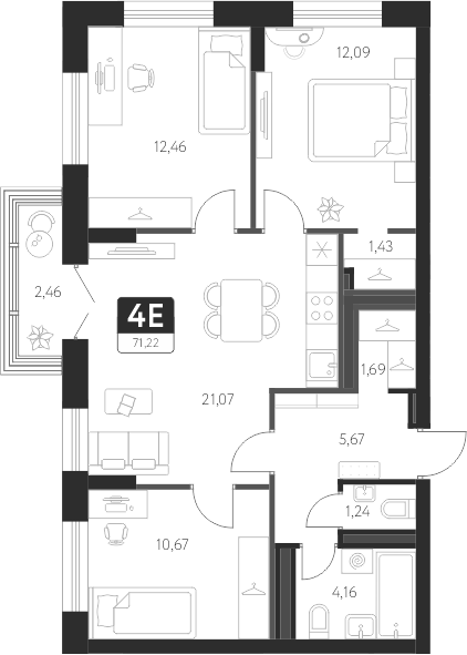 Планировка — Спутник-1, 4-комн., 70 м²