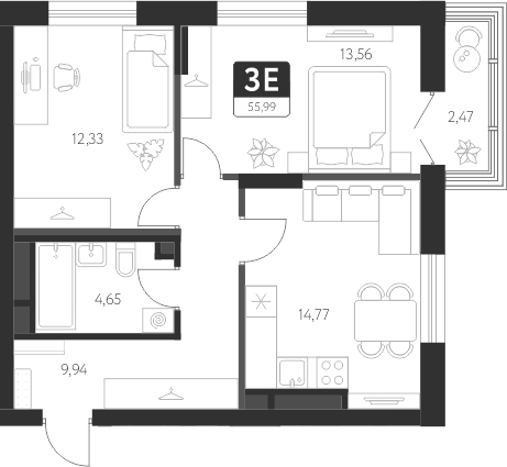 Планировка — Спутник-1, 2-комн., 55 м²