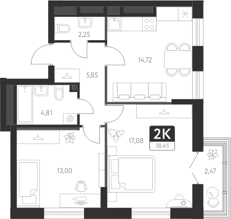 Планировка — Спутник-1, 2-комн., 58 м²